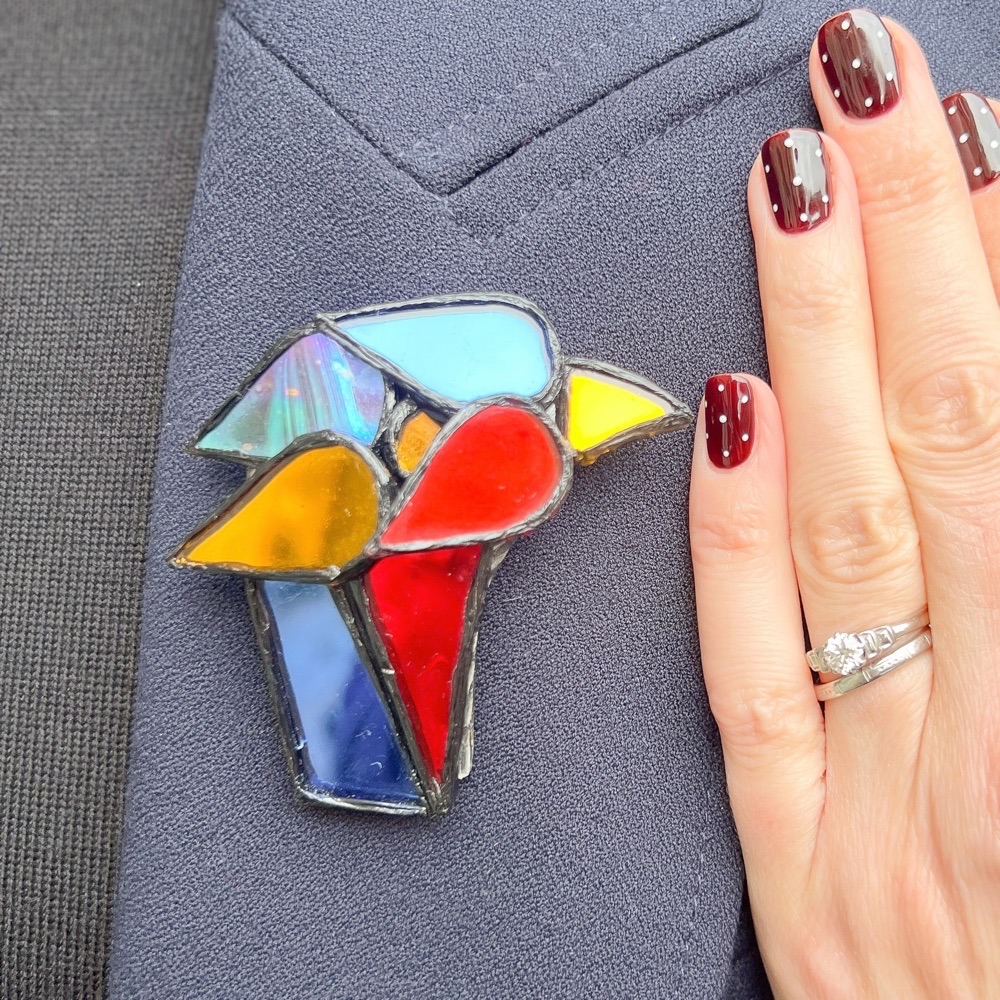 Irena Jaworska 1960s Talosel and Multi-Coloured Mirror Vintage Bird Brooch